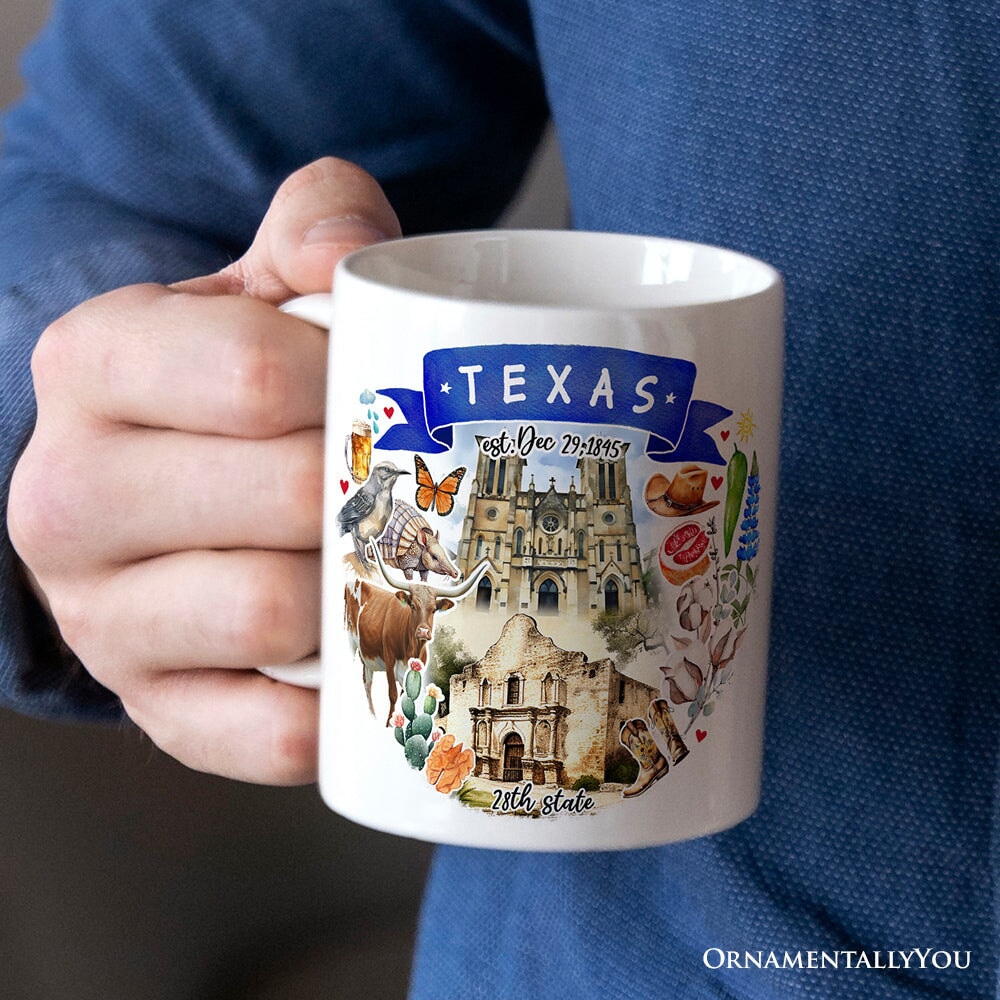 Artistic Texas State Themes and Landmarks Personalized Mug With Custom Name