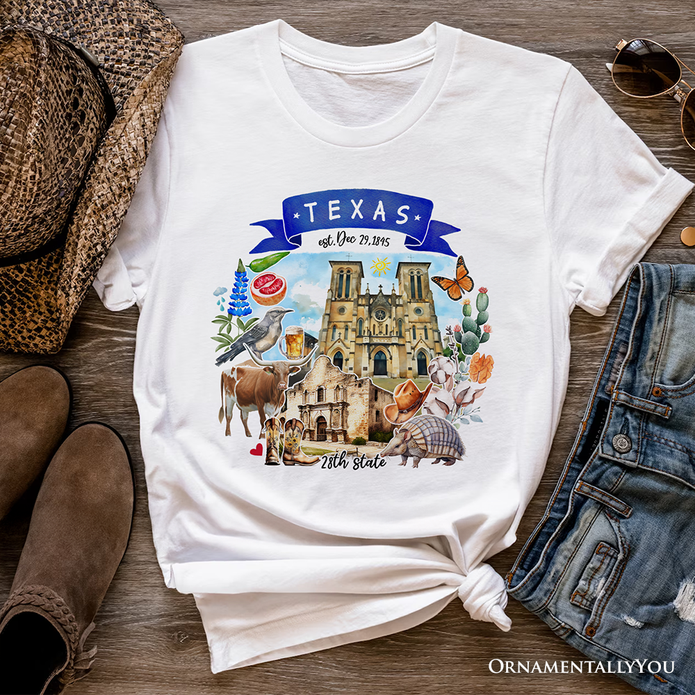 Artistic Texas State Themes and Landmarks T-Shirt, Tee for History and Travel Lovers