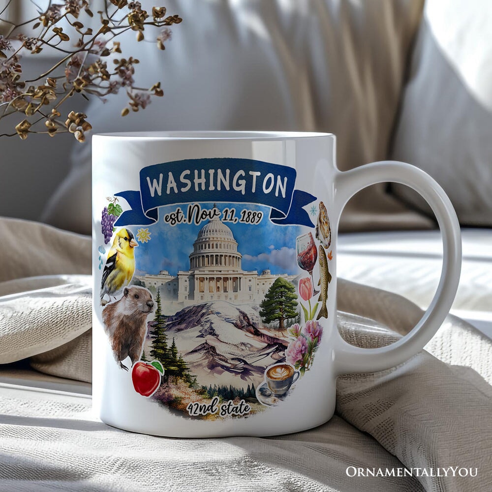 Artistic Washington State Themes and Landmarks Personalized Mug With Custom Name