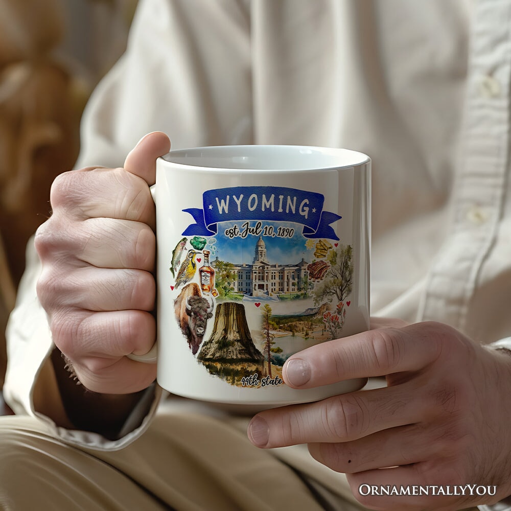 Artistic Wyoming State Themes and Landmarks Personalized Mug With Custom Name