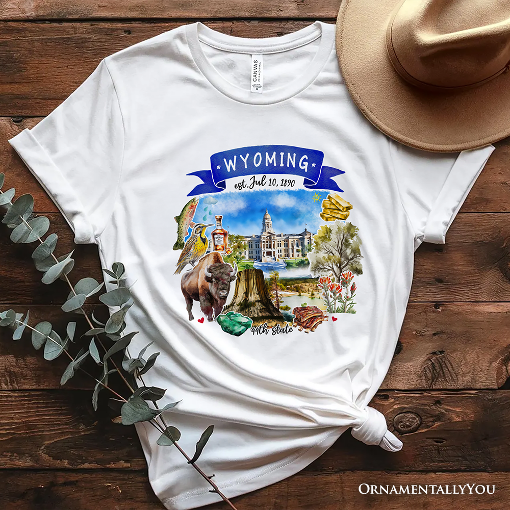 Artistic Wyoming State Themes and Landmarks T-Shirt, Tee for History and Travel Lovers