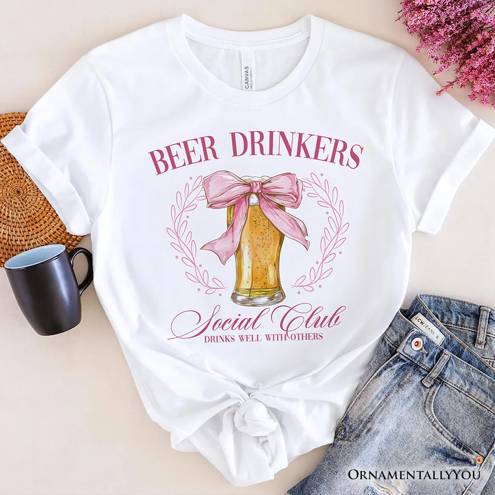 Beer Drinkers Social Club T-Shirt, Coquette Pink Bow Tee for Girly Summer Bachelorette Vibes