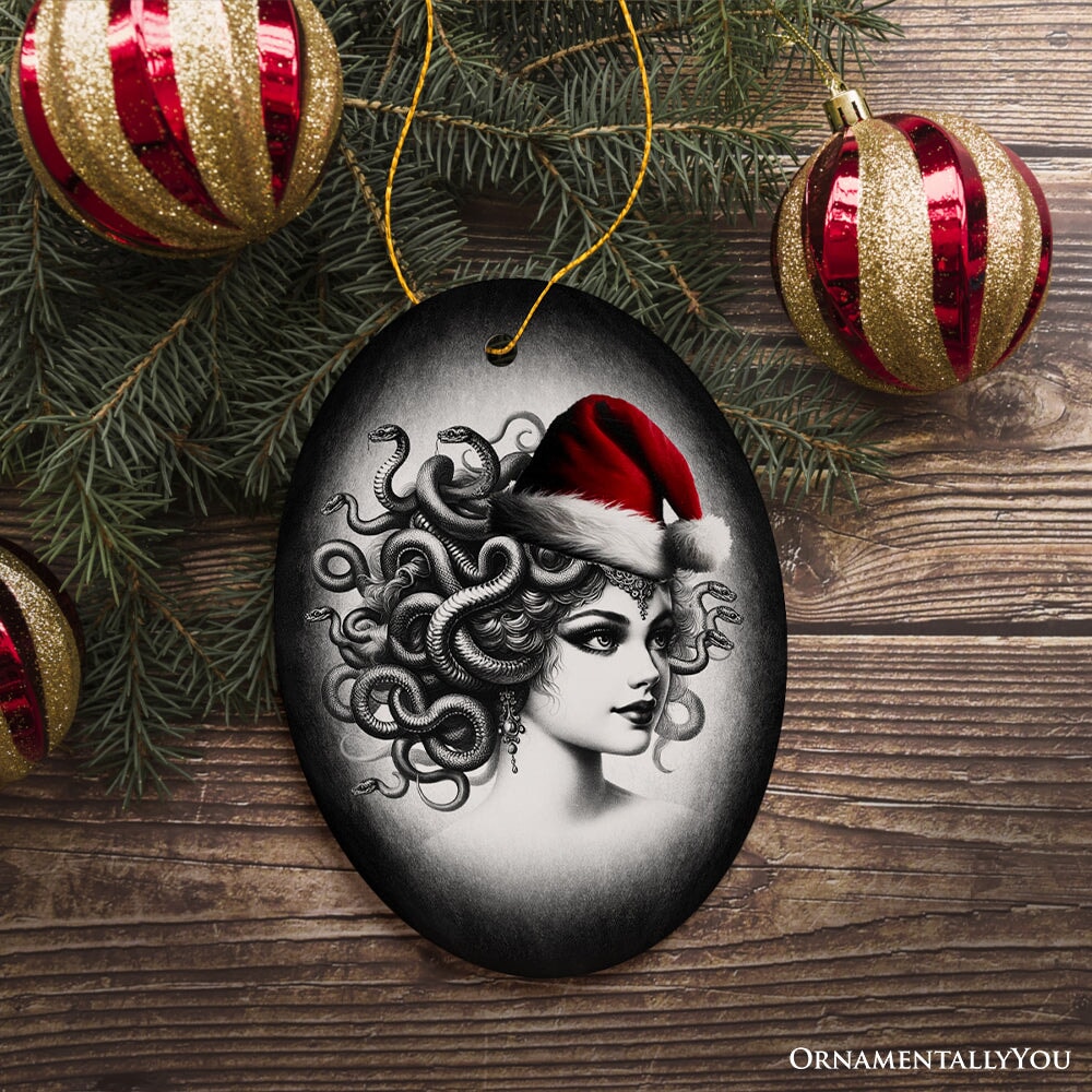 Bewitching Medusa with Santa Hat Ornament, Alluring Christmas Decoration for Halloween Tree Keepsake