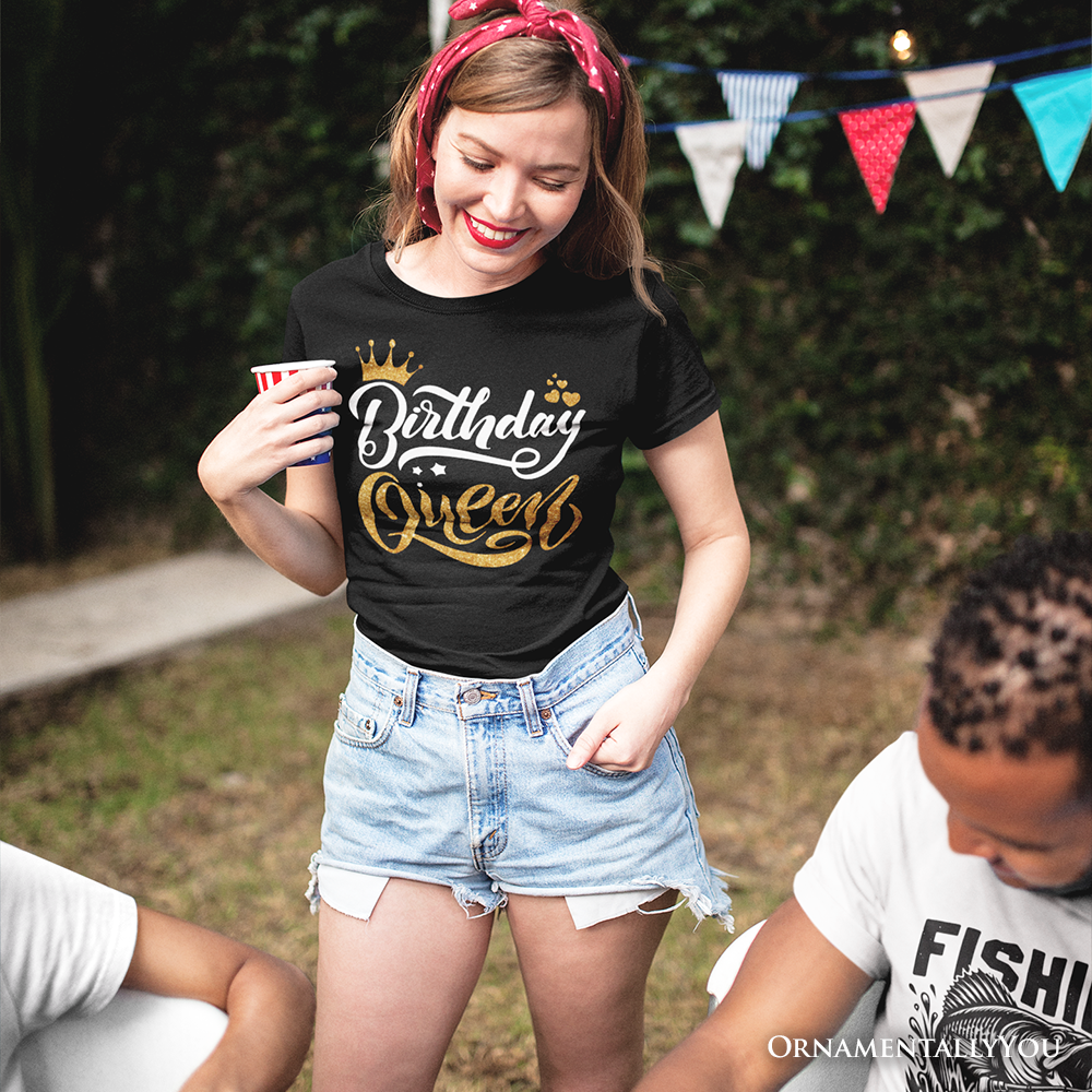 Birthday Queen T-Shirt, Black Glam Party Tee for Stylish Women