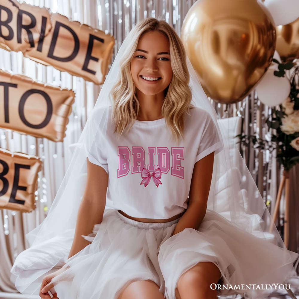 Coquette Bride T-Shirt, Pink Bow White Tee for Stylish Brides