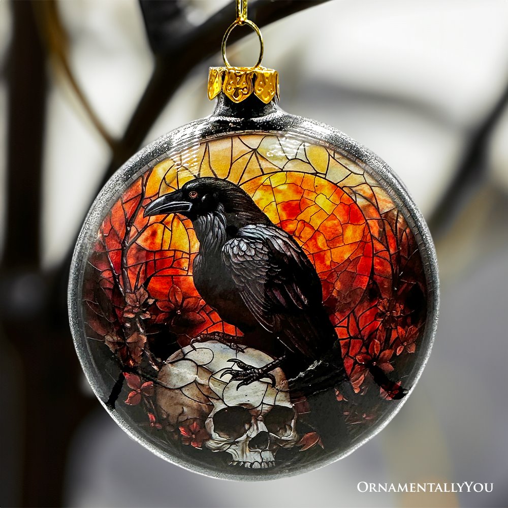 Creepy Stained Glass Skeleton and Raven Haunted Ornament, Halloween Horror and Christmas Tree Decor