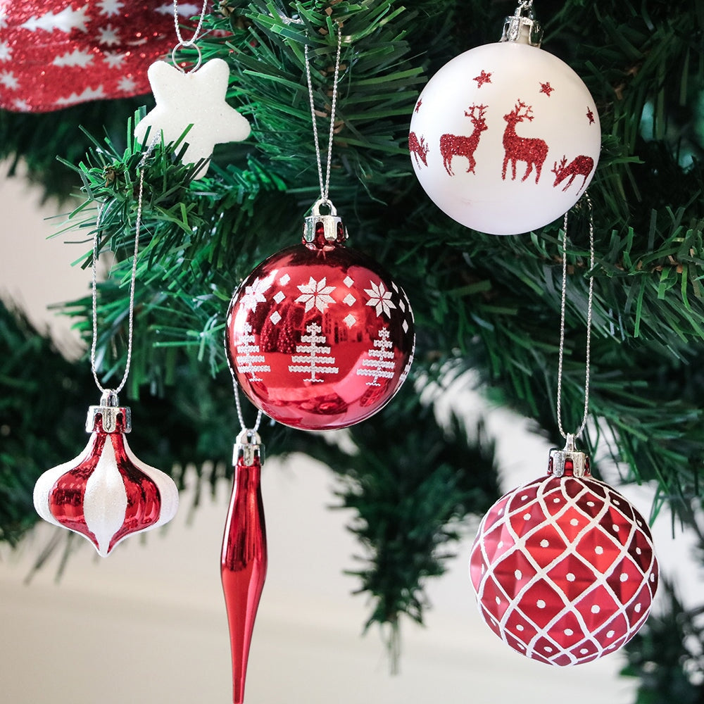 Endearing Prominent Red and White Christmas Ornament Set, Bauble Bundle with Candycane Colors and Patterns 70 Pieces