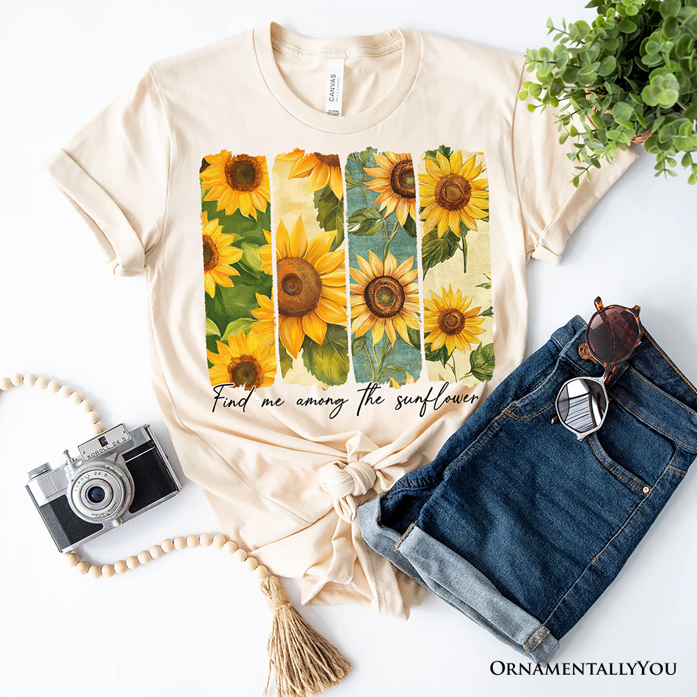 Find Me Among the Sunflowers T-Shirt, White and Natural Floral Tee for Trendy Women