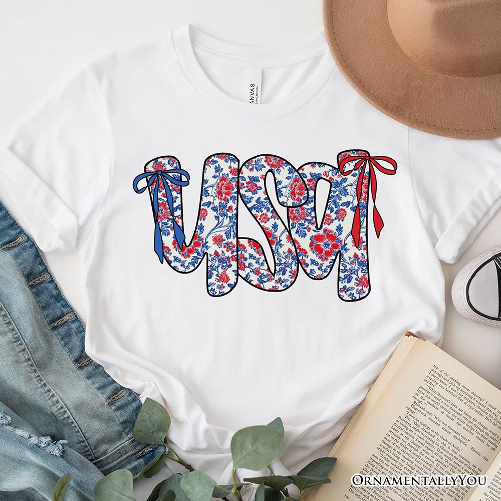 Floral USA Patriotic T-Shirt, 4th of July White, Natural and Black Tee for Stylish Women