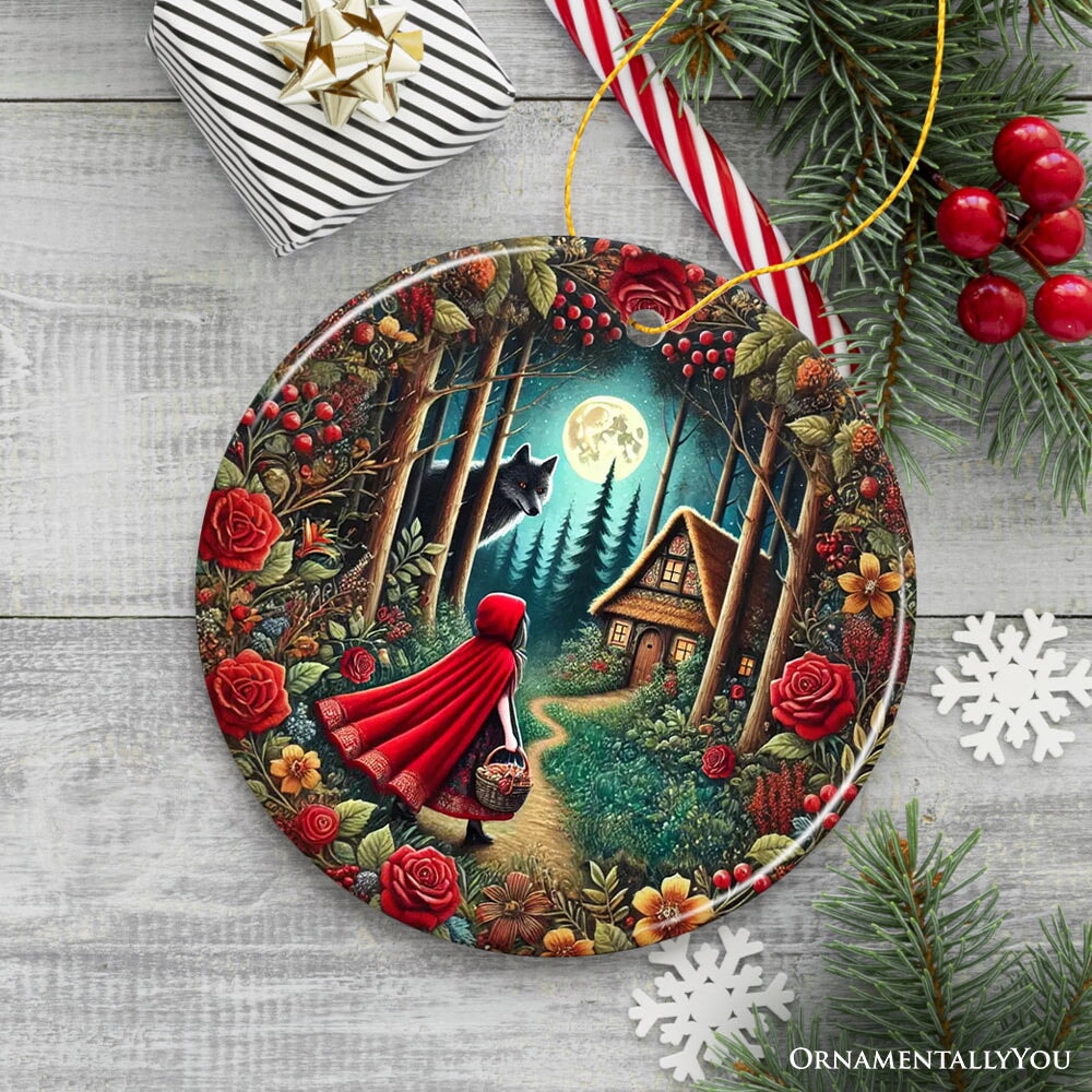Folksy Sly Wolf and Red Riding Hood Ornament, Mystic Woodland Fantasy Holiday Decoration