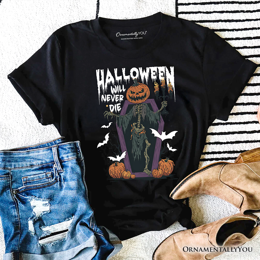 Halloween Will Never Die T-Shirt, Vintage Pumpkin Coffin Skeleton Tee