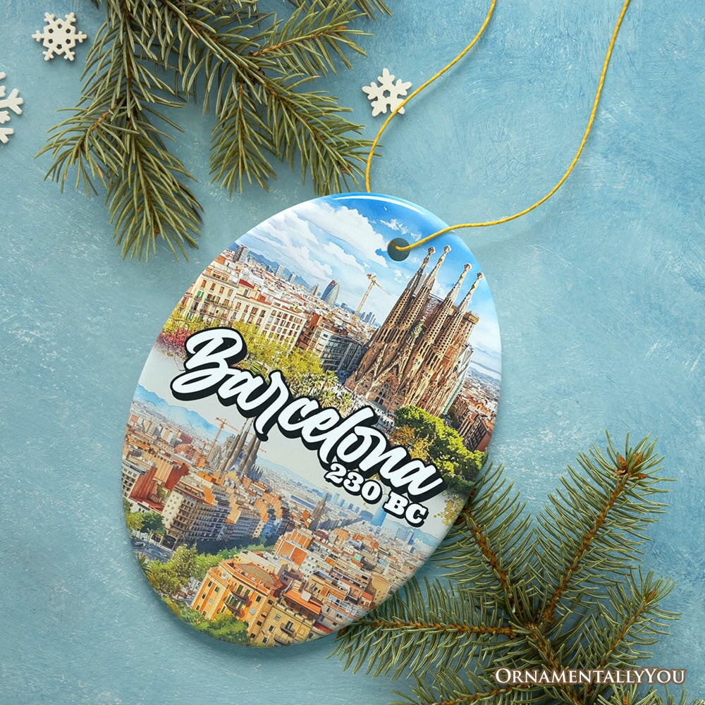 Illustrated Barcelona Landmarks Ceramic Ornament, Spain Travel Souvenir and Christmas Gift