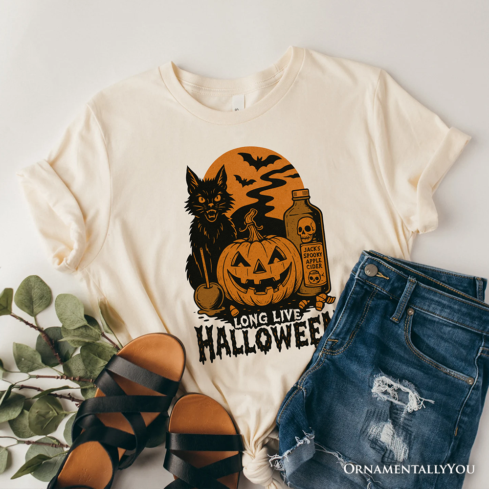 Long Live Halloween T-Shirt, Retro Black Cat Pumpkin Tee for Horror Fans