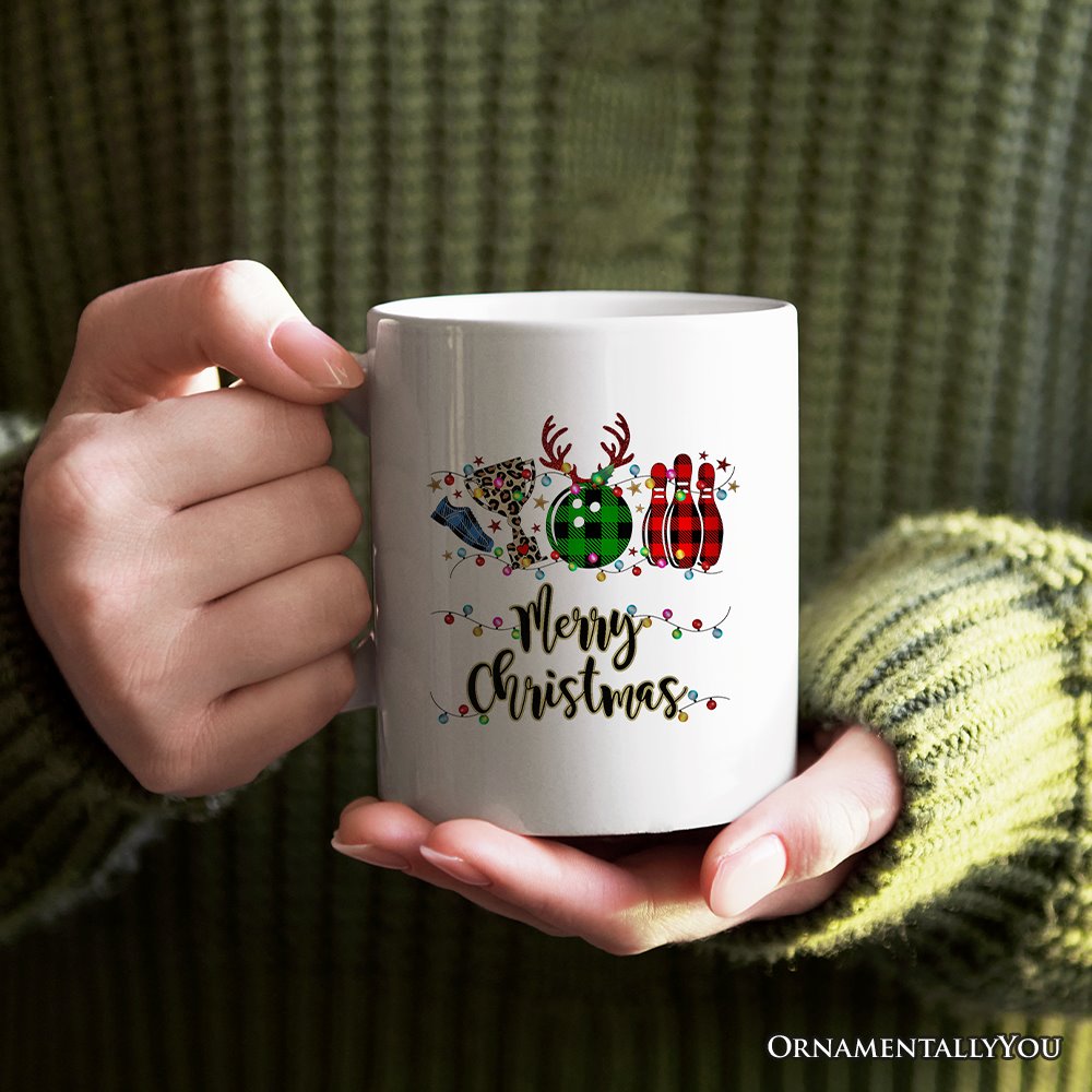 Personalized Mug Bowling Buffalo Plaid Christmas, Ball Pins and Trophy