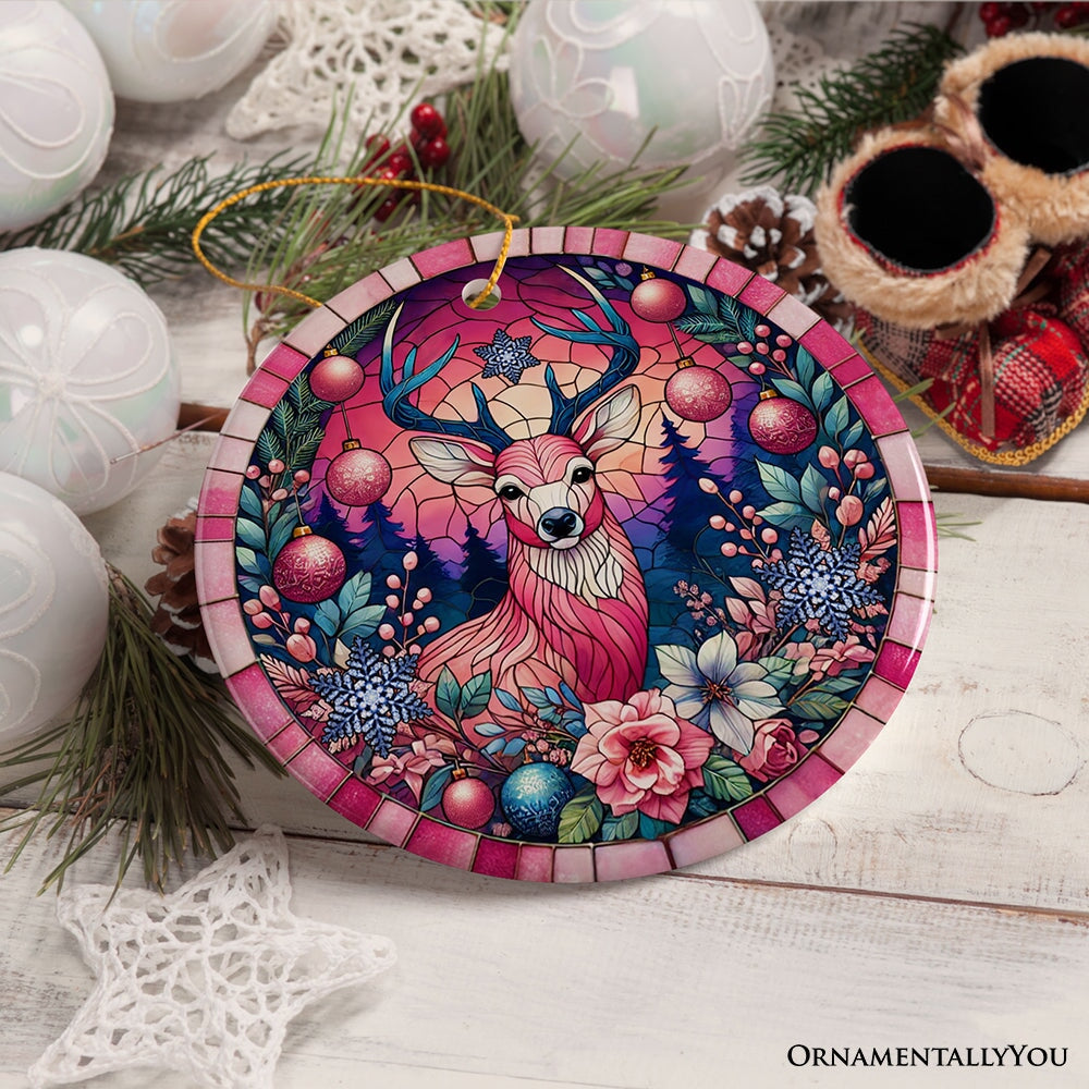 Mystical Yuletide Deer Pink Themed Ornament, Elegant Christmas Tree Decor