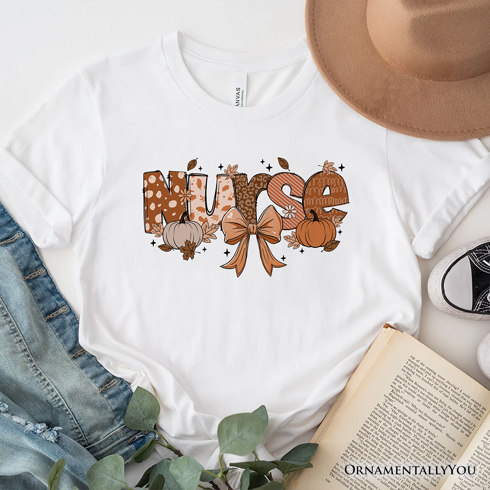 Nurse Coquette Autumn T-Shirt, Cozy Fall Pumpkins Tee for Healthcare Heroes