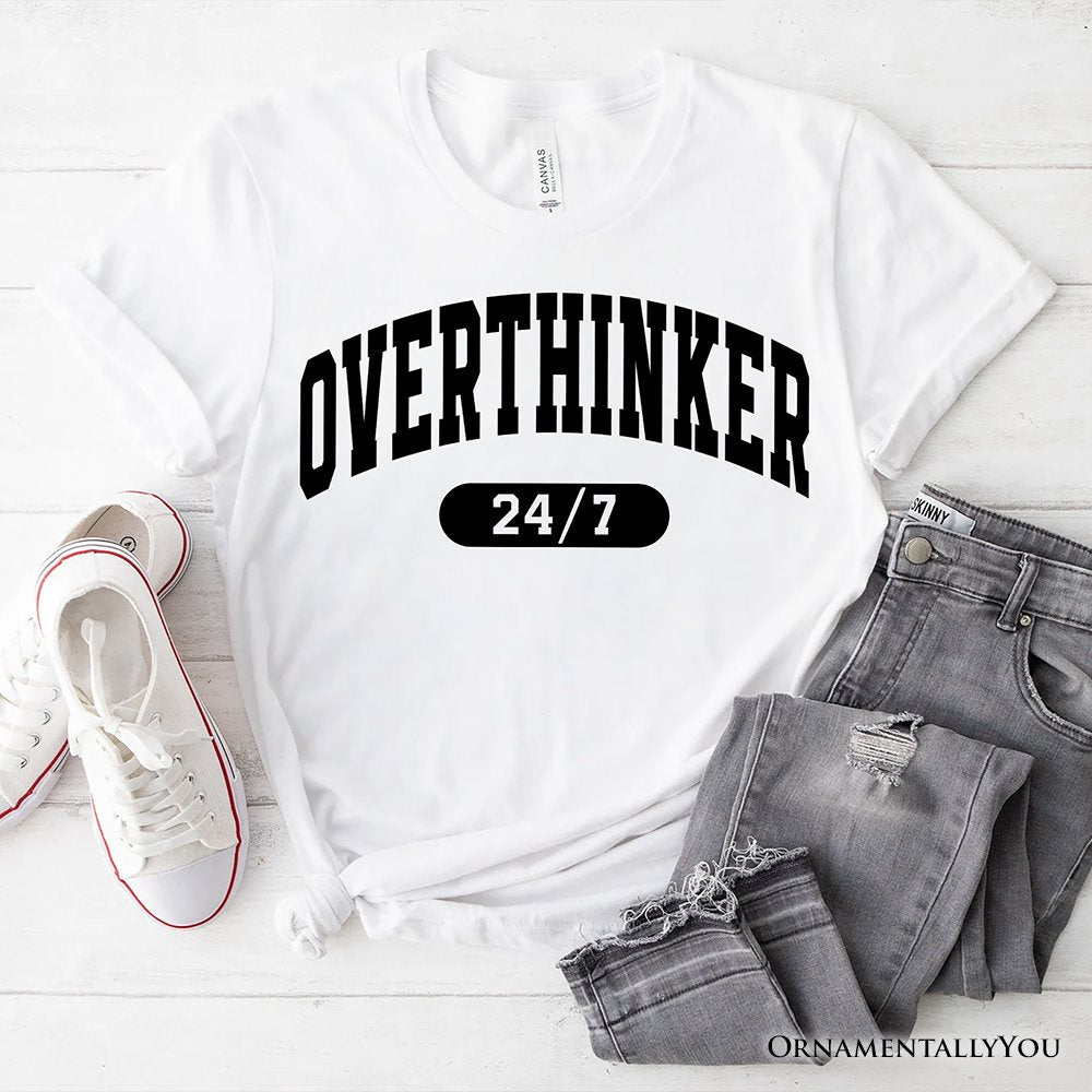 Over Thinker 247 T-Shirt, Minimalist Collegiate White, Natural and Black Tee for Tired Women