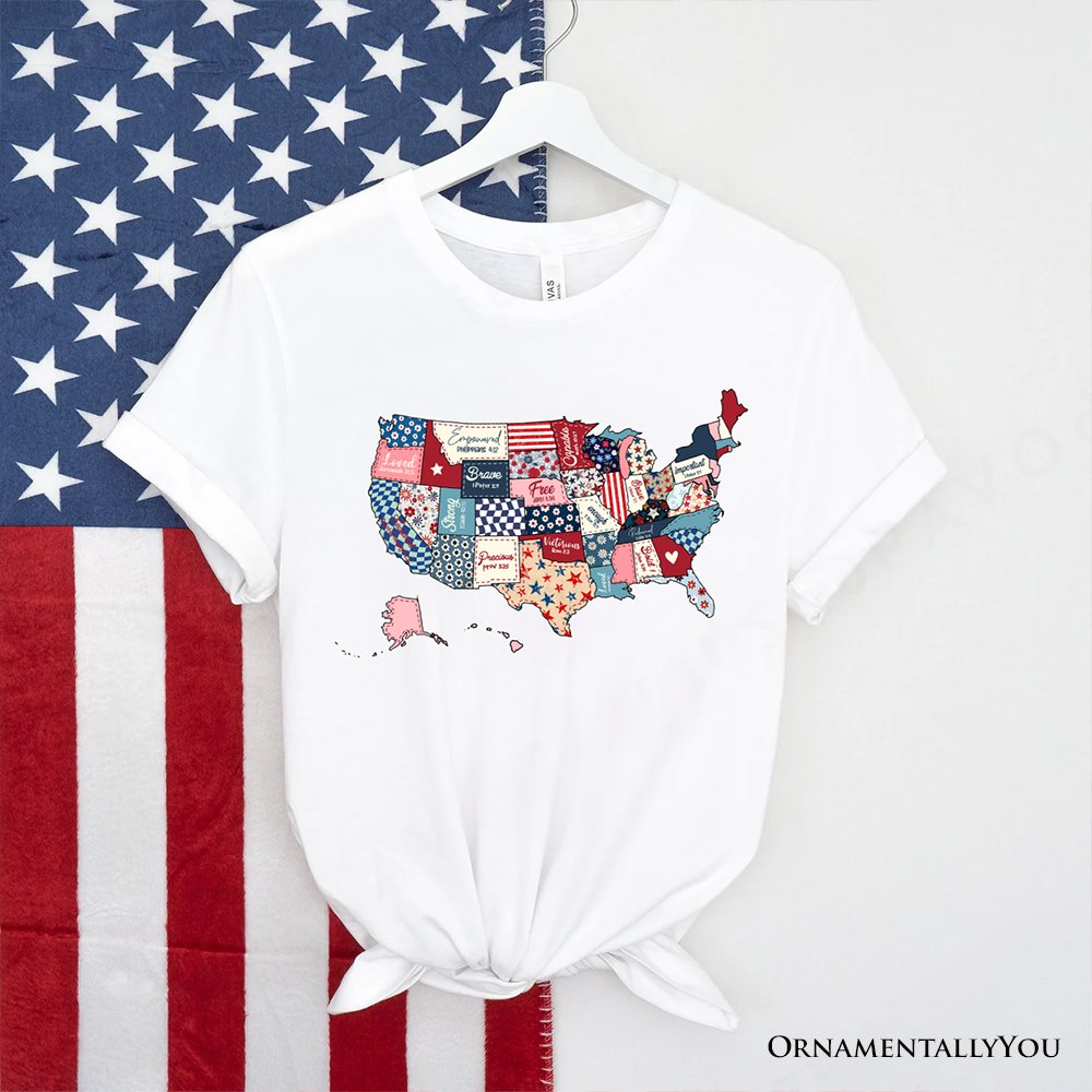 Patriotic Patchwork USA T-Shirt, Quilted Map Tee for Americana Fans