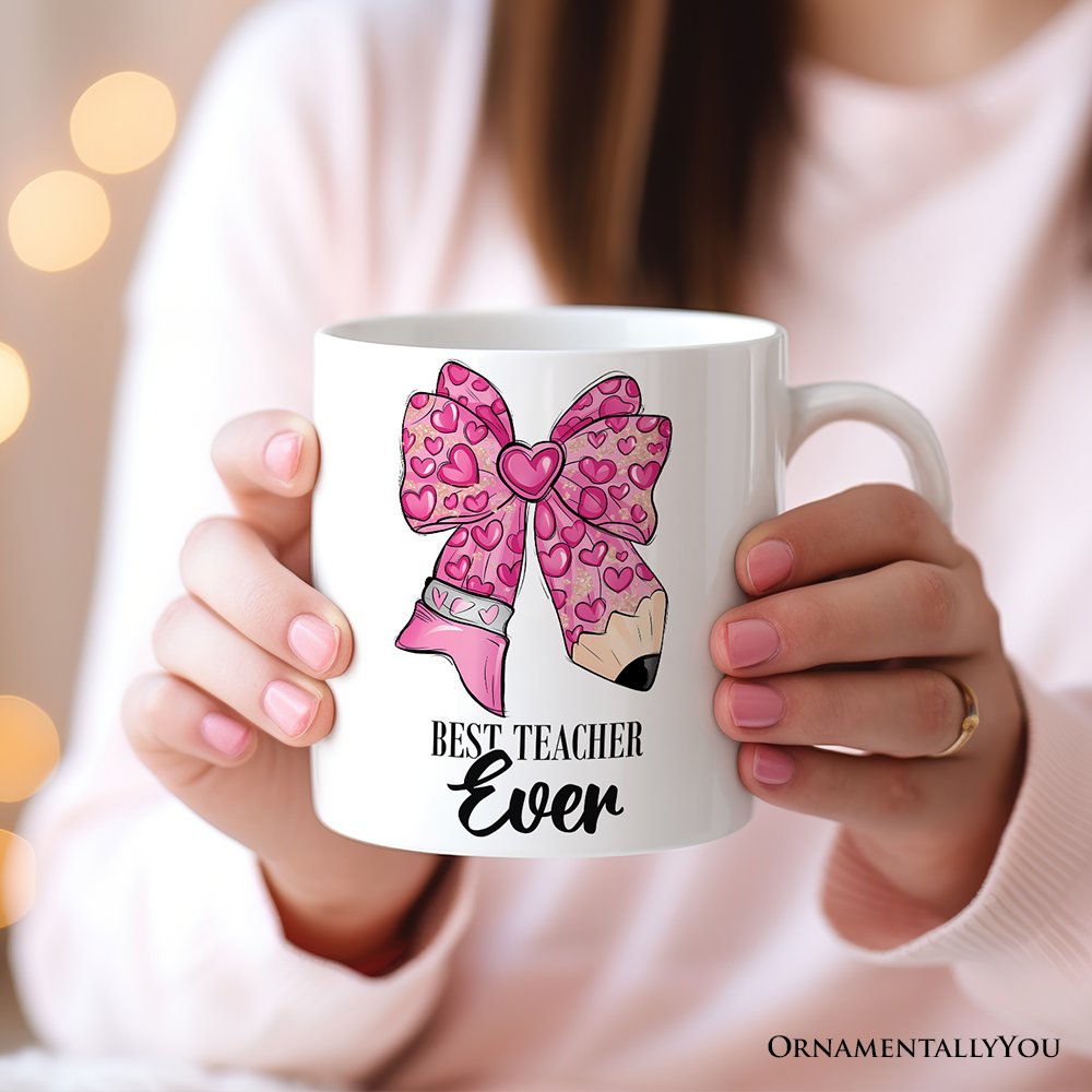 Pencil Coquette Teacher Bow Personalized Mug, Cute Appreciation Present, Back To School Gift With Custom Name