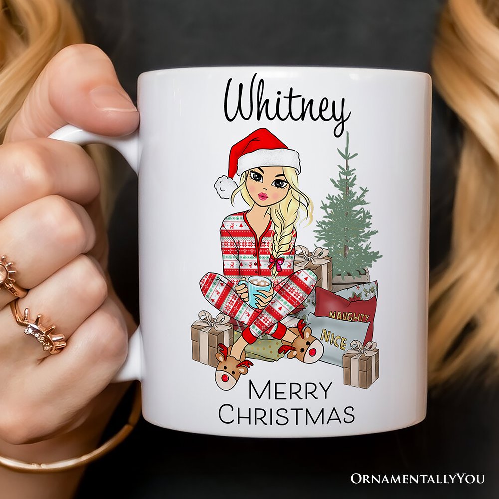 Personalized Girly Girl Christmas Mug, Black, Blonde, Brown Brunette, and Red Hair