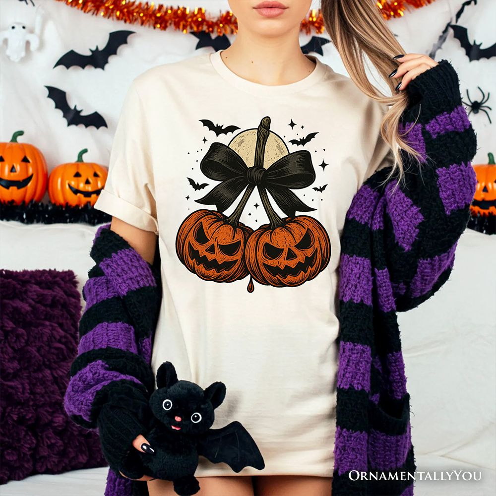 Pumpkin Cherries Coquette Bow T-Shirt, Retro Halloween Fall Season Tee for Sweet Autumn Girls