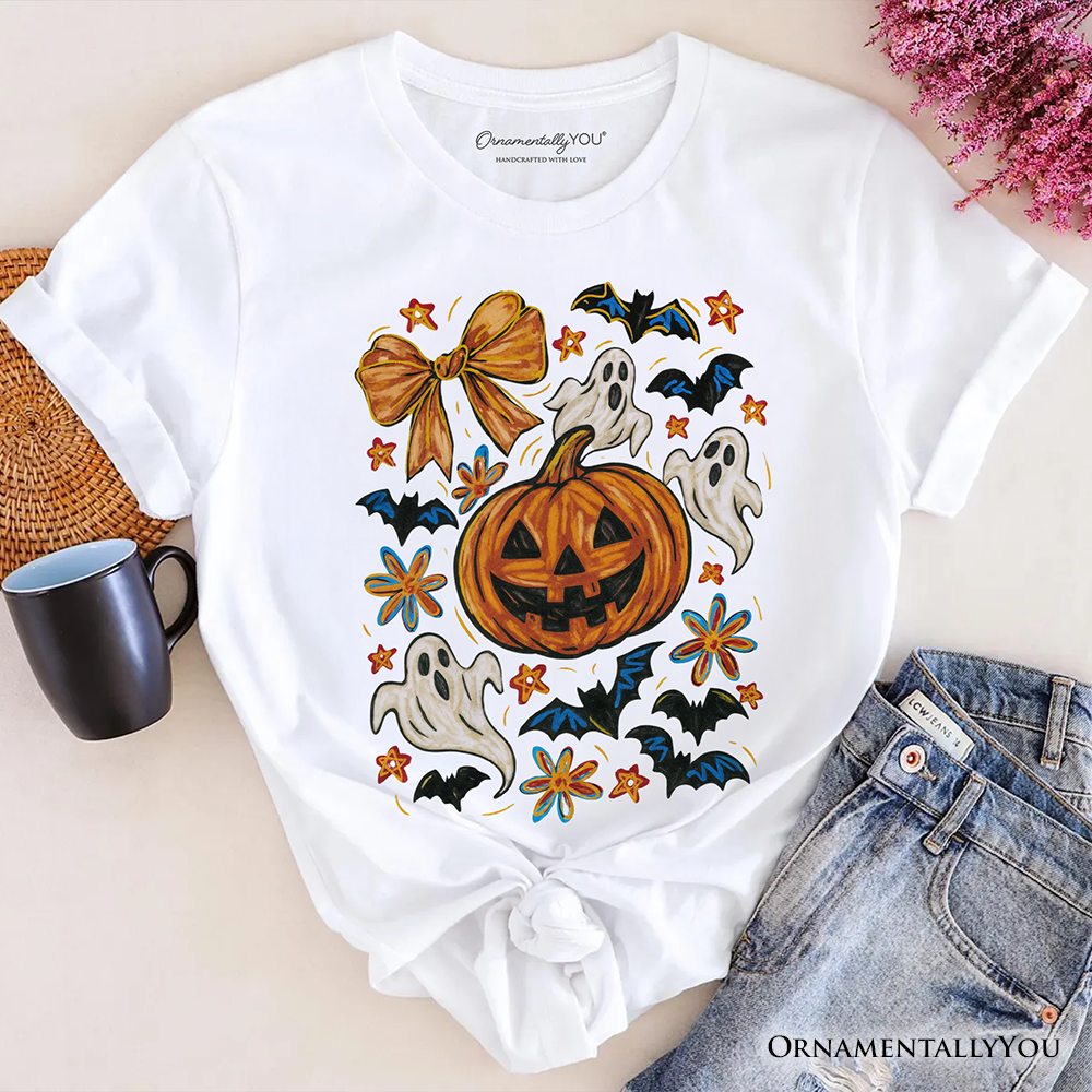 Pumpkin Ghosts Coquette Bow T-Shirt, Retro Fall Spooky Tee for Cute Trick-or-Treaters