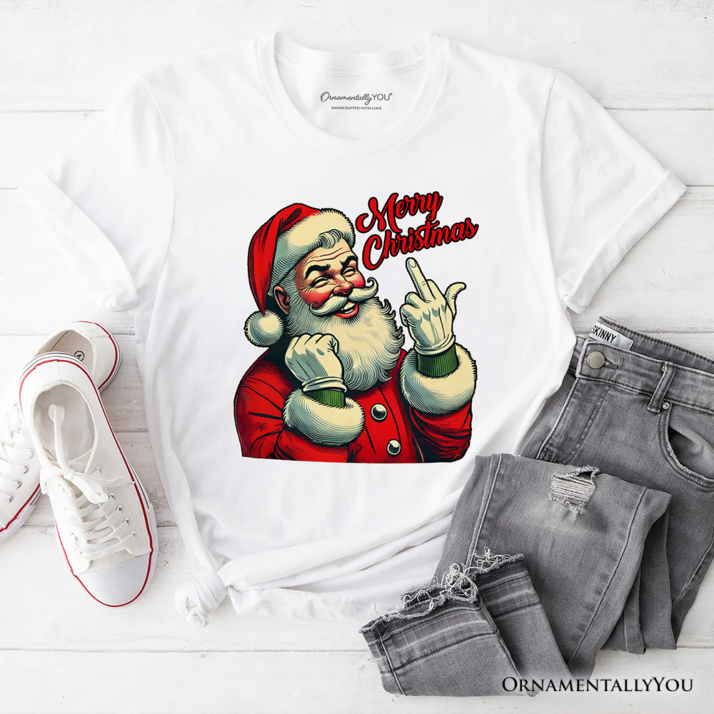 Santa Middle Finger Christmas T-Shirt, Vintage Funny Tee for Naughty Holiday Humor