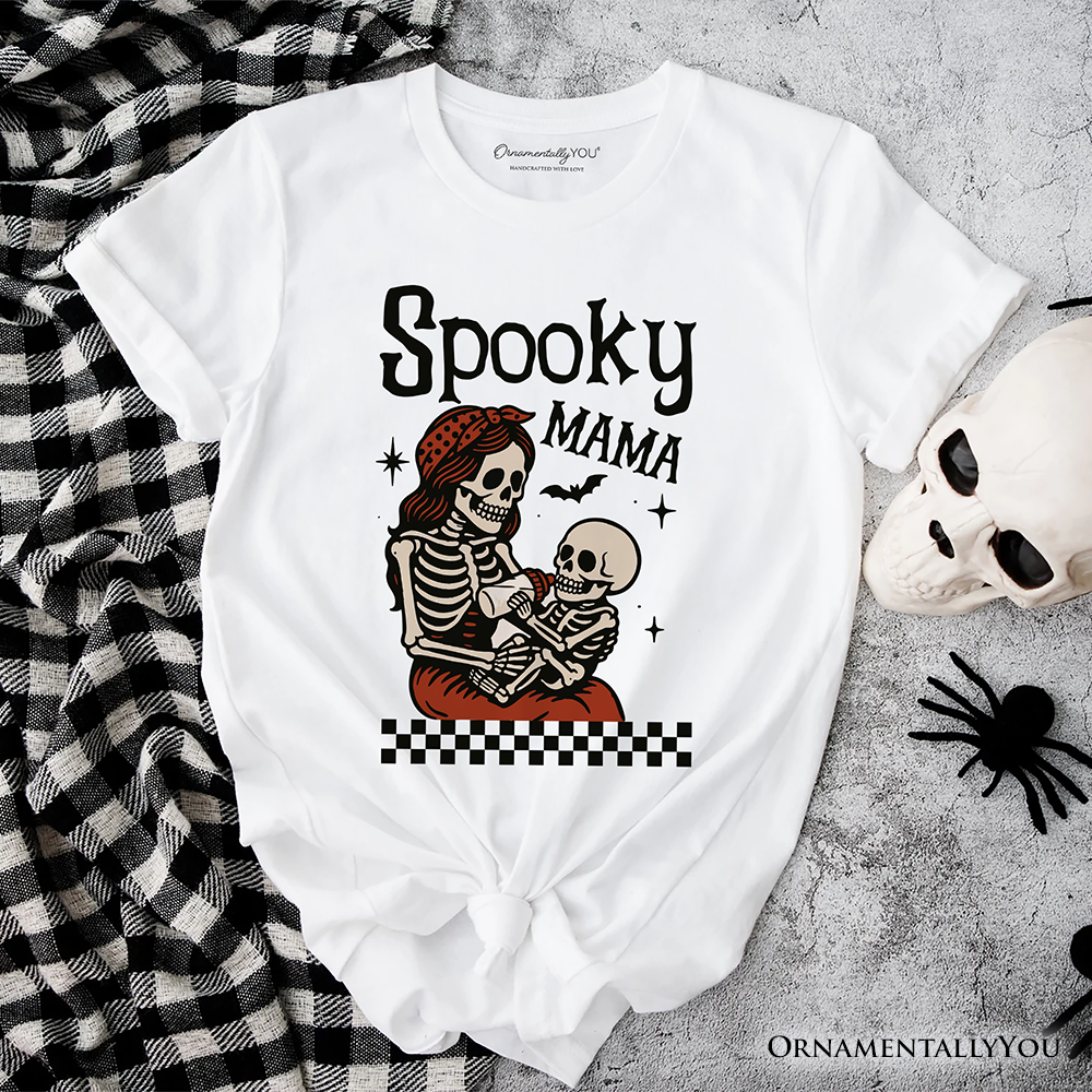 Spooky Mama Skeleton Halloween T-Shirt, Momster Retro Checkered Tee With Boo Vibes