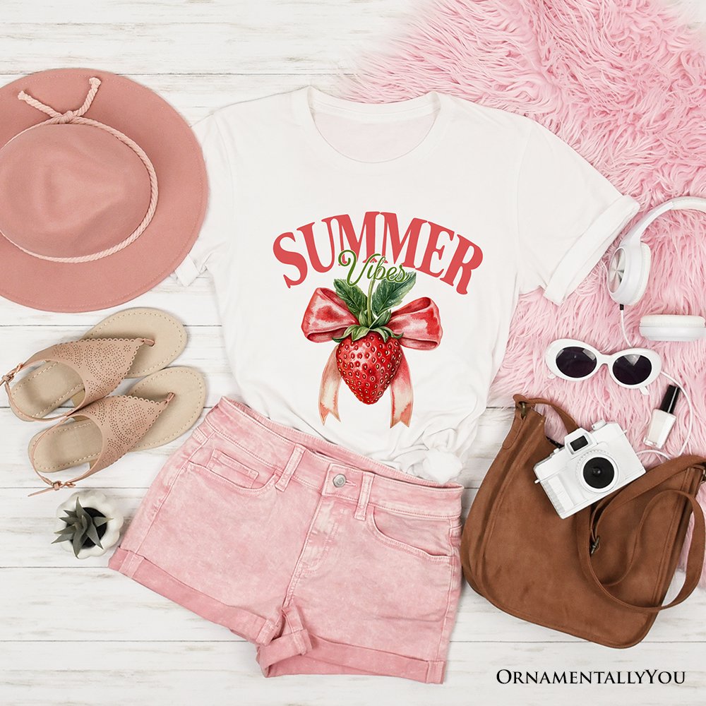 Summer Vibes Strawberry T-Shirt, White, Natural and Navy Seasonal Tee with Coquette Style