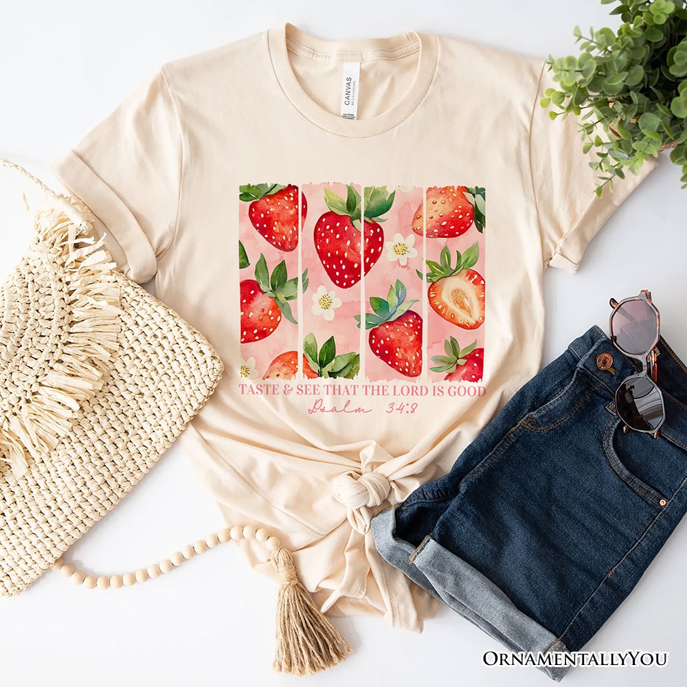 Taste and See That The Lord is Good Strawberry T-Shirt, White and Natural Christian Faith Tee