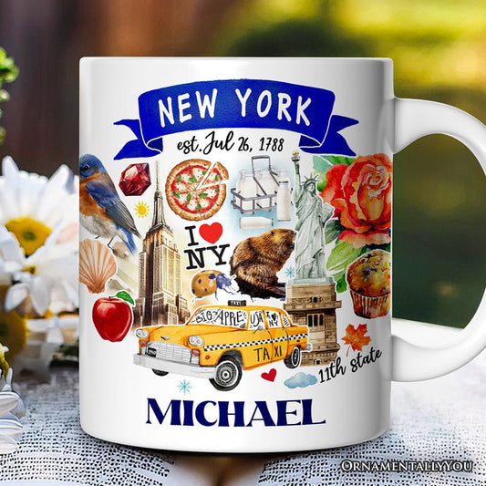 Artistic New York State Themes and Landmarks Personalized Mug With Custom Name