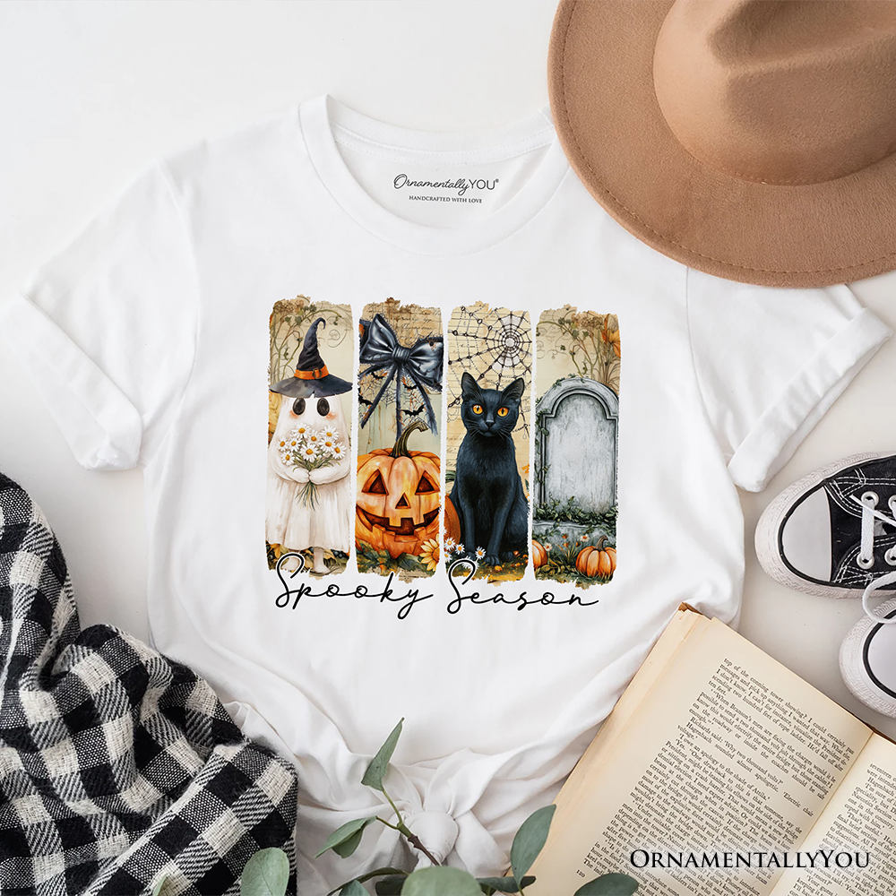Fall Spooky Season Brushstroke T-Shirt, Coquette Vintage Ghost, Cat and Pumpkin Tee