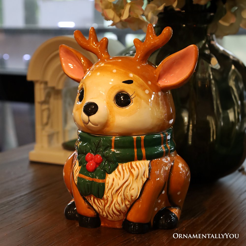 Festive Reindeer 10" Cookie Jar, Christmas Kitchen Festive Deer Decoration