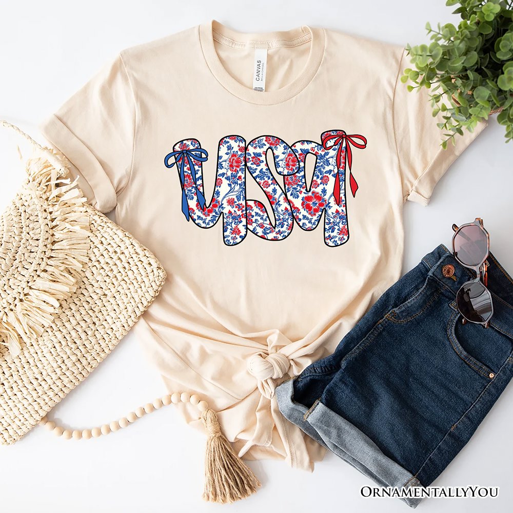 Floral USA Patriotic T-Shirt, 4th of July White, Natural and Black Tee for Stylish Women