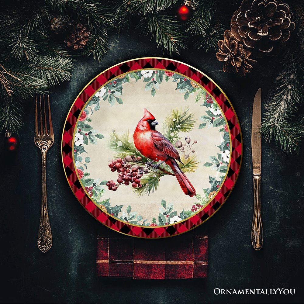 Decor Steals Special - Holiday Cheer Set of 4 Plates with Real Gold Plaid Trim, Christmas Tableware Collection for Salad, Dessert, Appetizer, and Side Plates