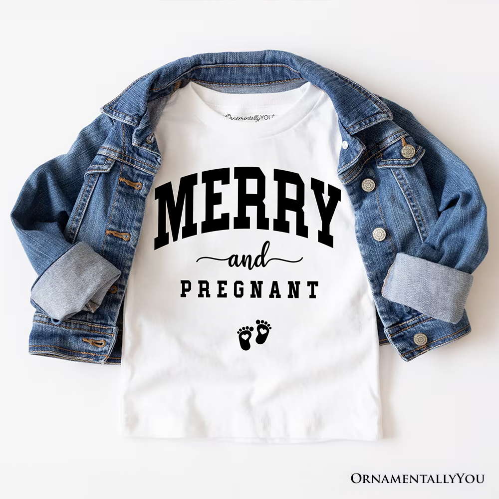 Merry and Pregnant T‑Shirt, Baby Announcement Christmas Tee for New Mom