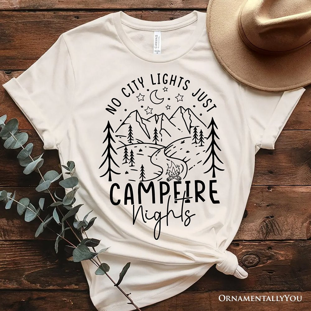 No City Lights Just Campfire Nights T-Shirt, White and Natural Camping Tee for Stargazing Campers