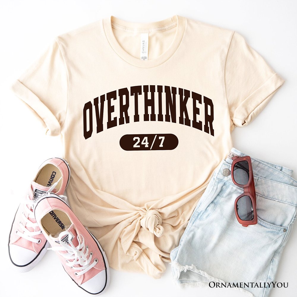 Over Thinker 247 T-Shirt, Minimalist Collegiate White, Natural and Black Tee for Tired Women