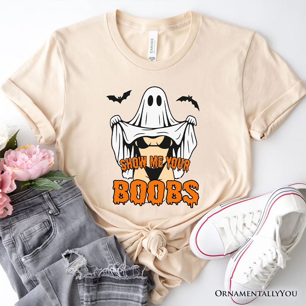 Show Me Your Boobs Halloween T-Shirt, Funny Naughty Pun Ghost Tee for Adults