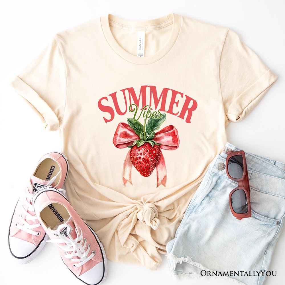 Summer Vibes Strawberry T-Shirt, White, Natural and Navy Seasonal Tee with Coquette Style