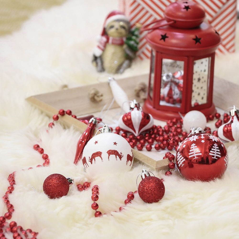 Endearing Prominent Red and White Christmas Ornament Set, Bauble Bundle with Candycane Colors and Patterns 70 Pieces