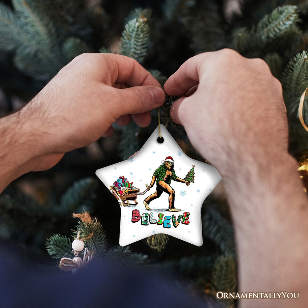 Funny Big Foot Believe Christmas Ornament, Sasquatch Humor Holiday Decor