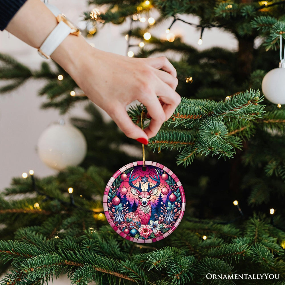 Mystical Yuletide Deer Pink Themed Ornament, Elegant Christmas Tree Decor