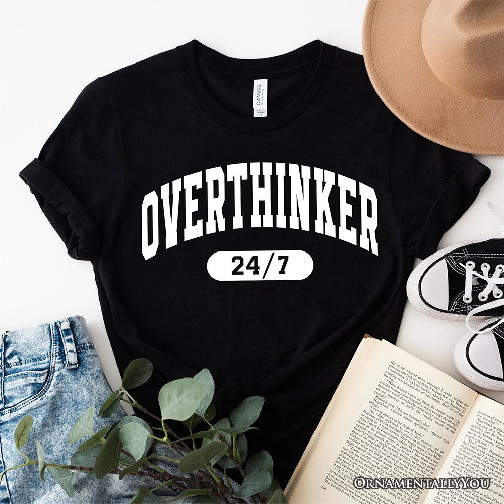 Over Thinker 247 T-Shirt, Minimalist Collegiate White, Natural and Black Tee for Tired Women