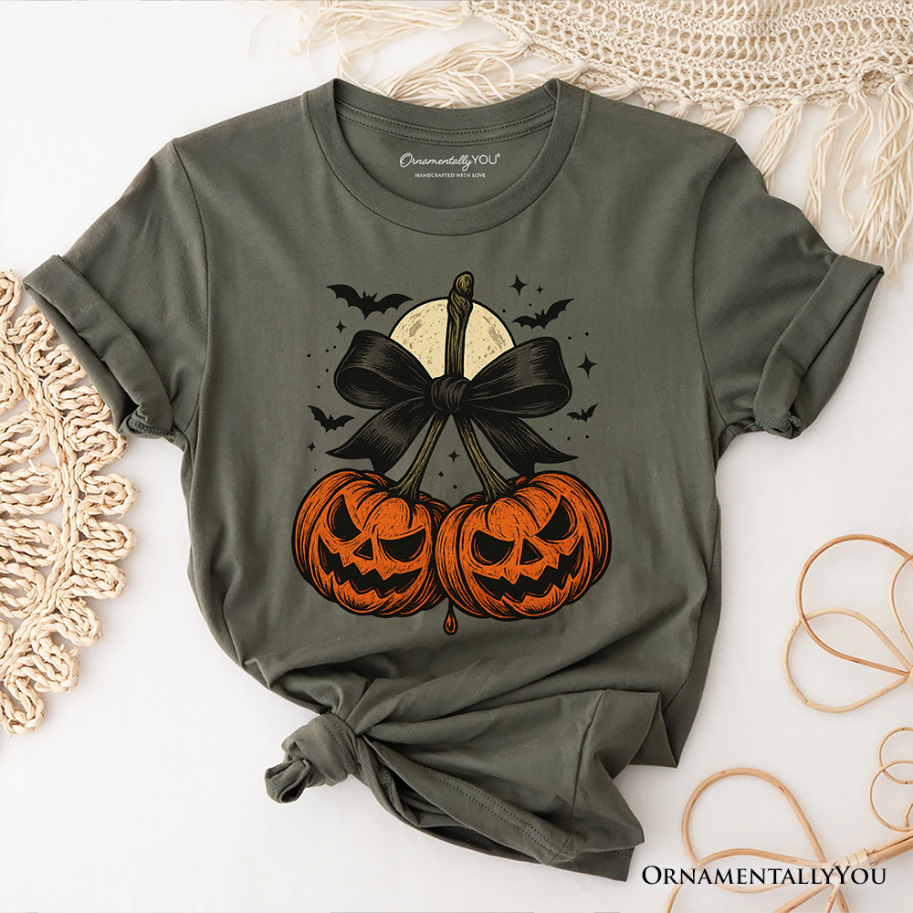Pumpkin Cherries Coquette Bow T-Shirt, Retro Halloween Fall Season Tee for Sweet Autumn Girls