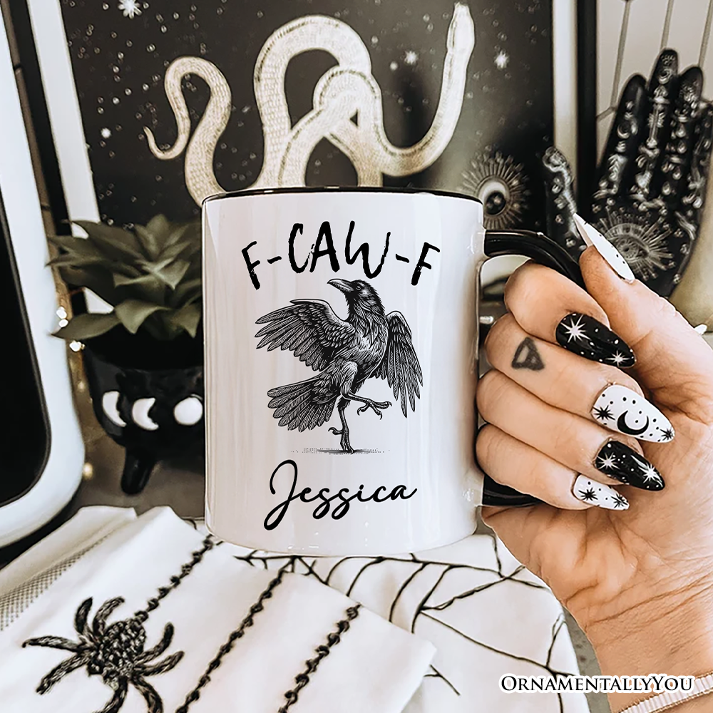 F-CAW-F Gothic Raven Personalized Mug, Snarky Halloween Gift with Custom Name