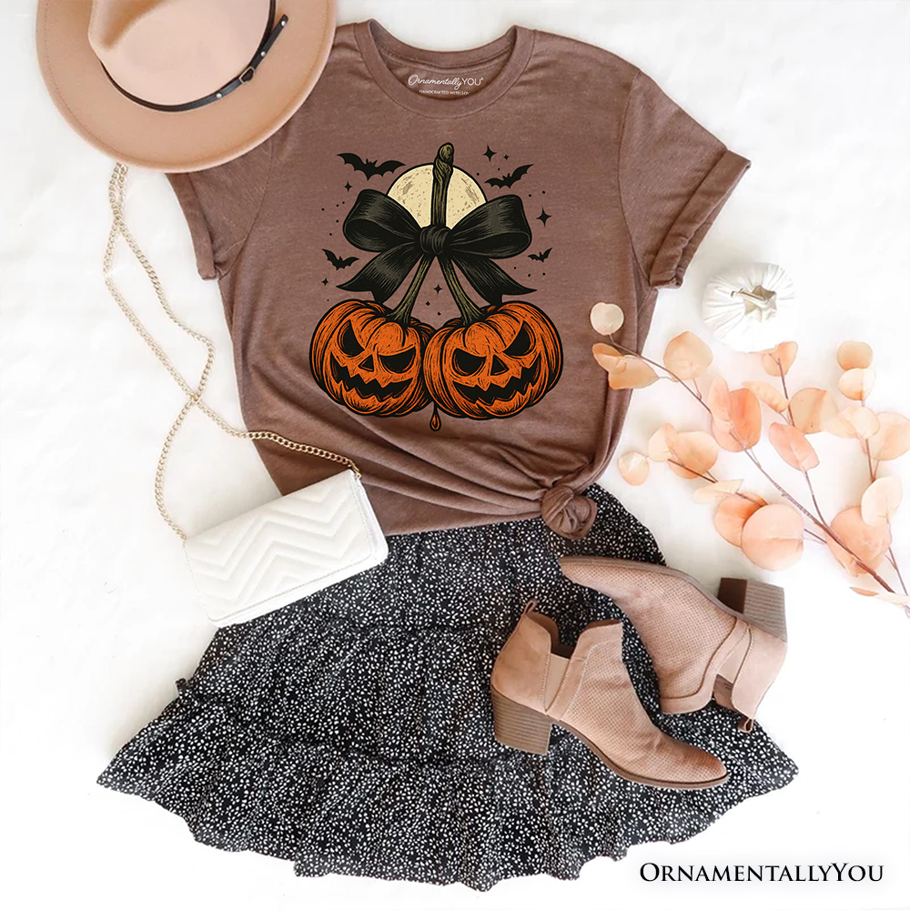 Pumpkin Cherries Coquette Bow T-Shirt, Retro Halloween Fall Season Tee for Sweet Autumn Girls
