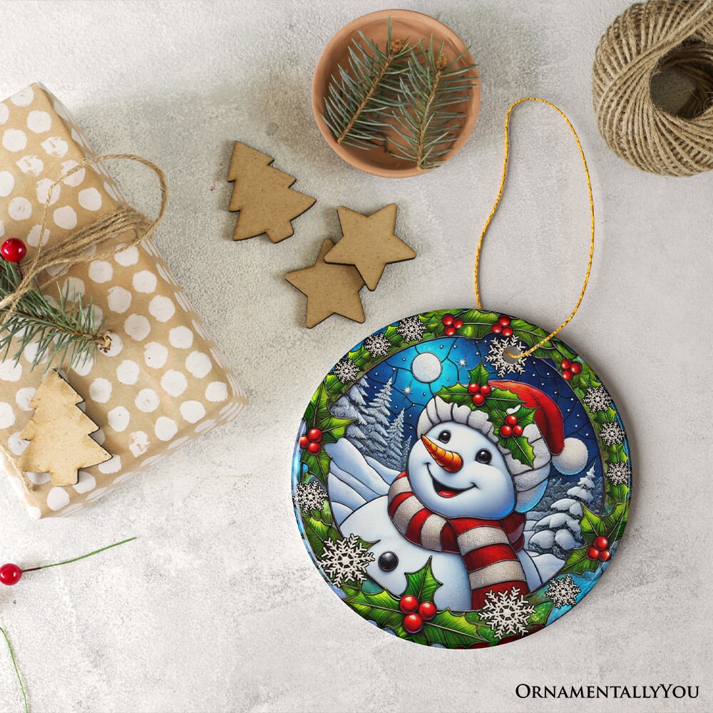 Frosty and Holly Snowman Ornament, Gift and Decor for Cheerful Winter Christmas Tree