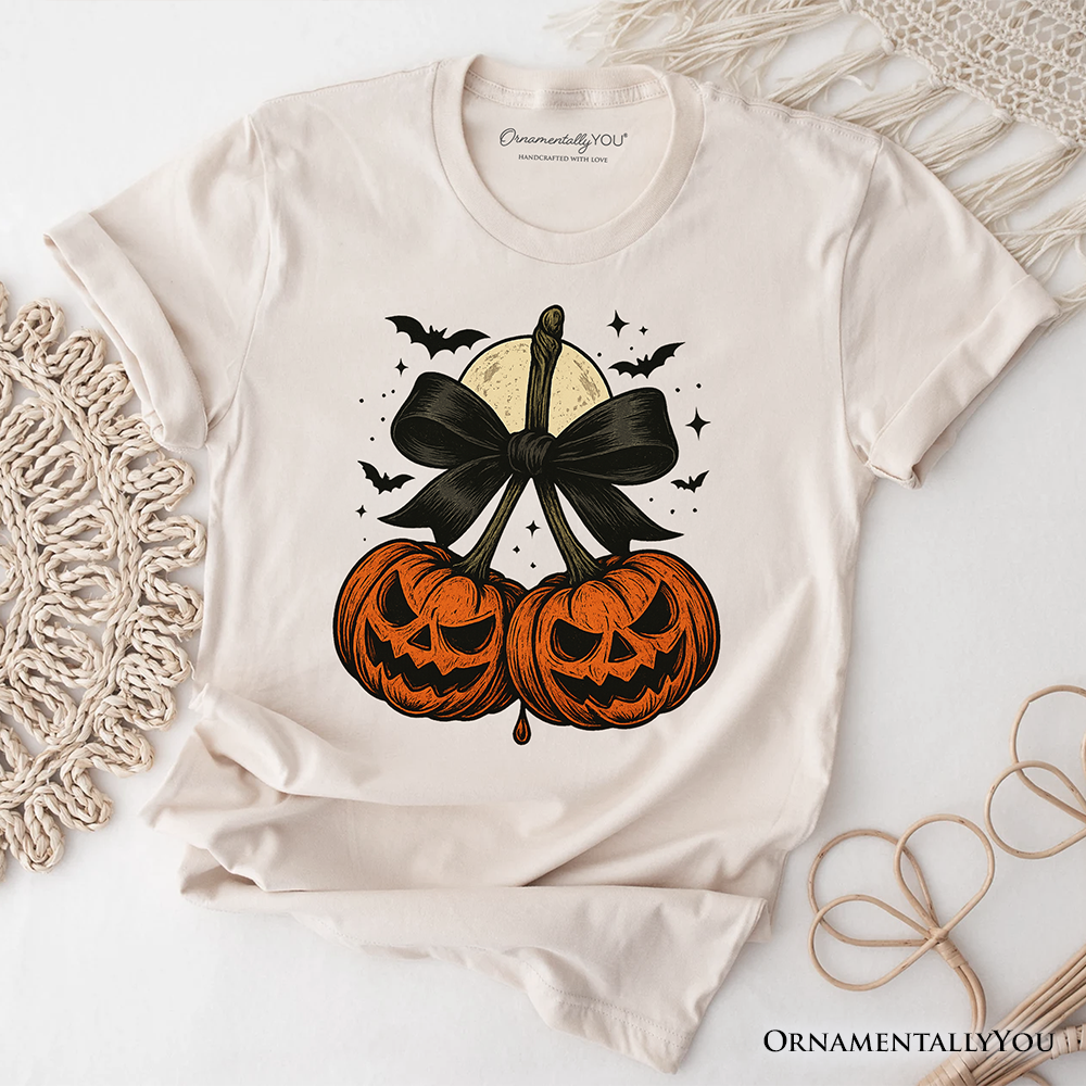 Pumpkin Cherries Coquette Bow T-Shirt, Retro Halloween Fall Season Tee for Sweet Autumn Girls