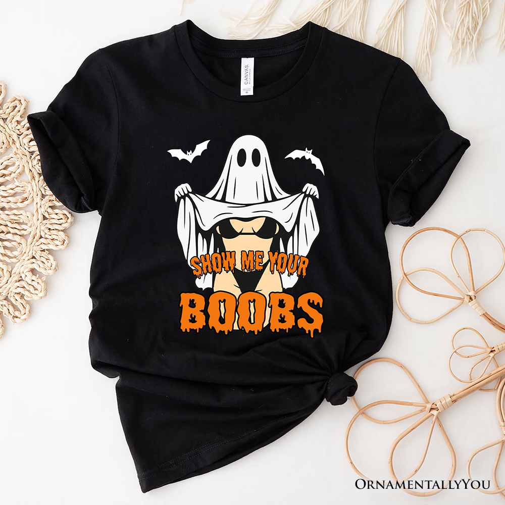 Show Me Your Boobs Halloween T-Shirt, Funny Naughty Pun Ghost Tee for Adults